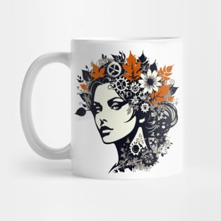 Graphic Art Portrait – Woman, Leaves, And Gears Mug